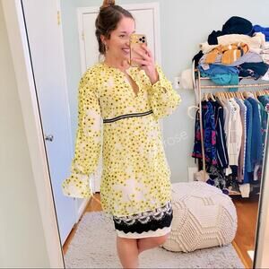 GIAMBA Paris Yellow White Black Floral Long Sleeve Lace Silk Mini Dress XS